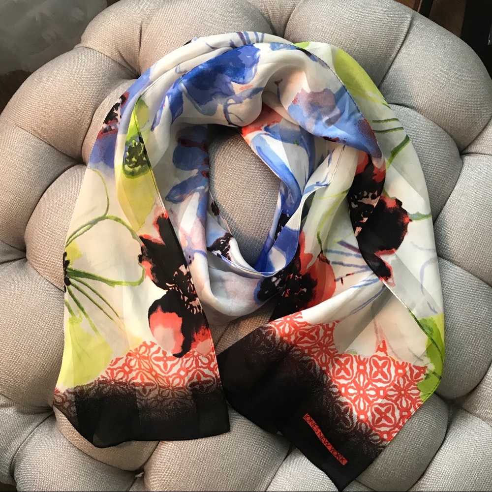 Jones New York 100% Silk Floral Print Scarf Vibrant Pink Blue Green White
